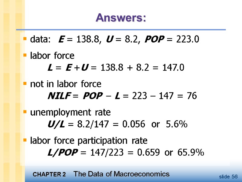 Answers: data:  E = 138.8, U = 8.2, POP = 223.0 labor force